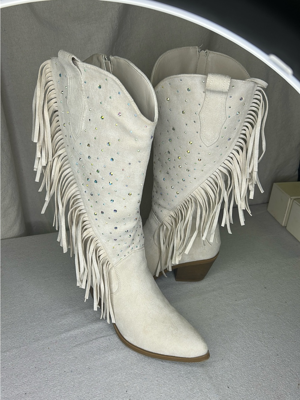 Southern Fried Chics Women's Cream Fringe Rhinestone Western Heeled Boots